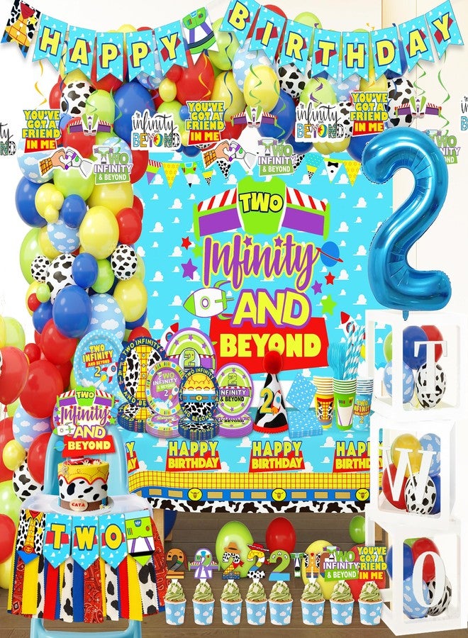 BIGKEOKI Blue Clouds Cartoon Story 2nd Birthday Decor 2 to infinity and Two Beyond Bday Decorations Party Supplies include Tableware Set Balloon Garland Boxes Highchair Banner Crown Backdrop TableCloth Plates - Image 1